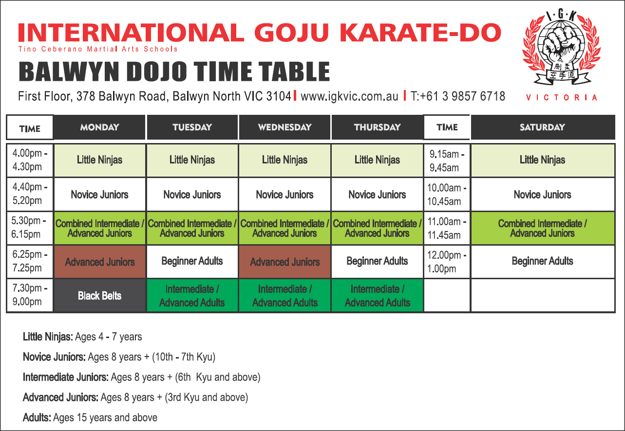 IGK Victoria Karate Class Timetable January 2021 Nth Balwyn